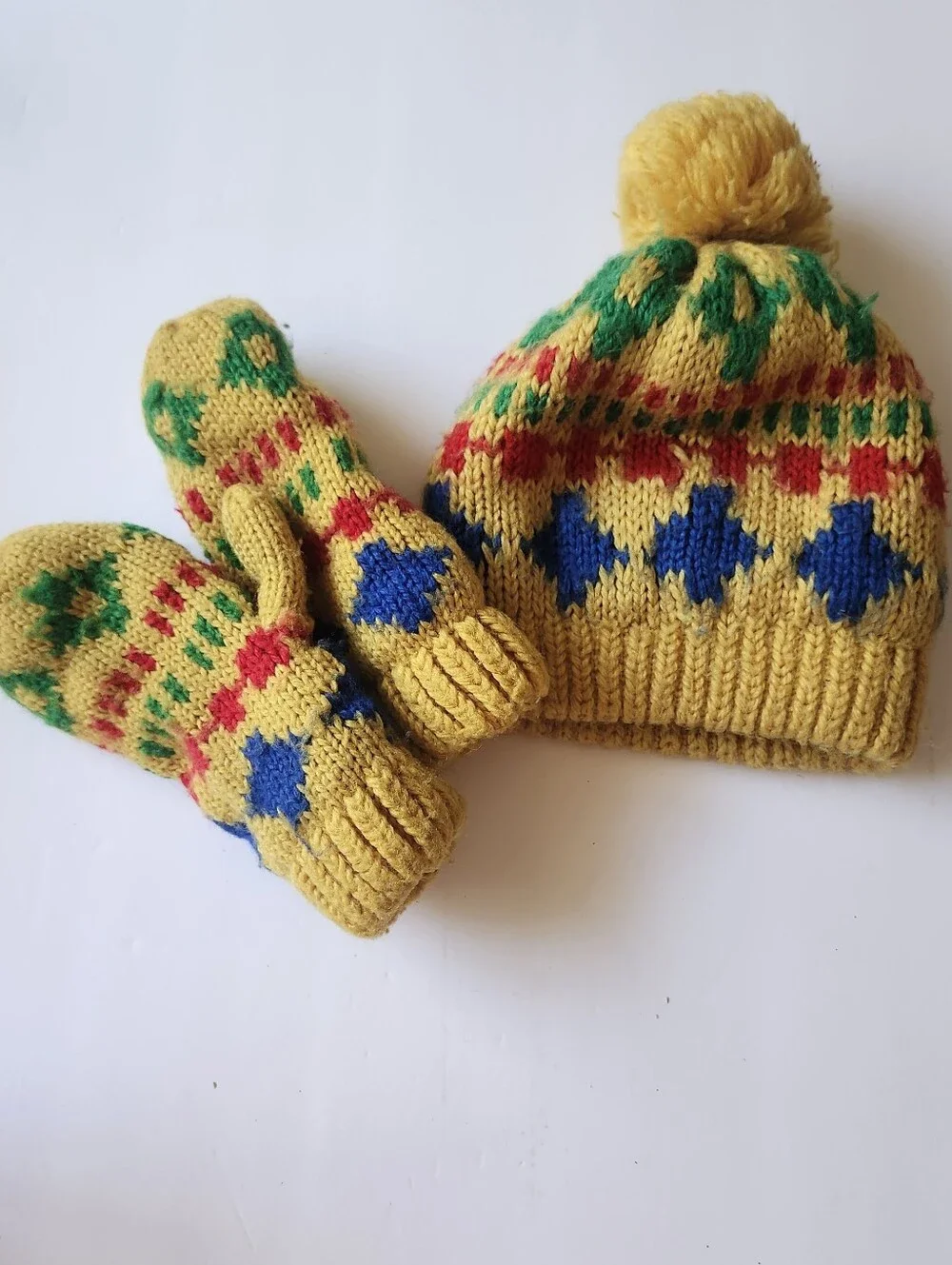 Yellow Knit Pom Pom Hat and Mittens Set for Kids -Pattern Made In JAPAN